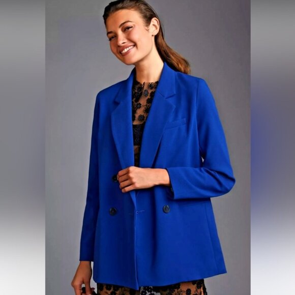ANTHROPOLOGIE MAEVE DOUBLE BREASTED LONGLINE BLAZER JACKET COAT ROYAL BLUE 12 - Picture 1 of 8
